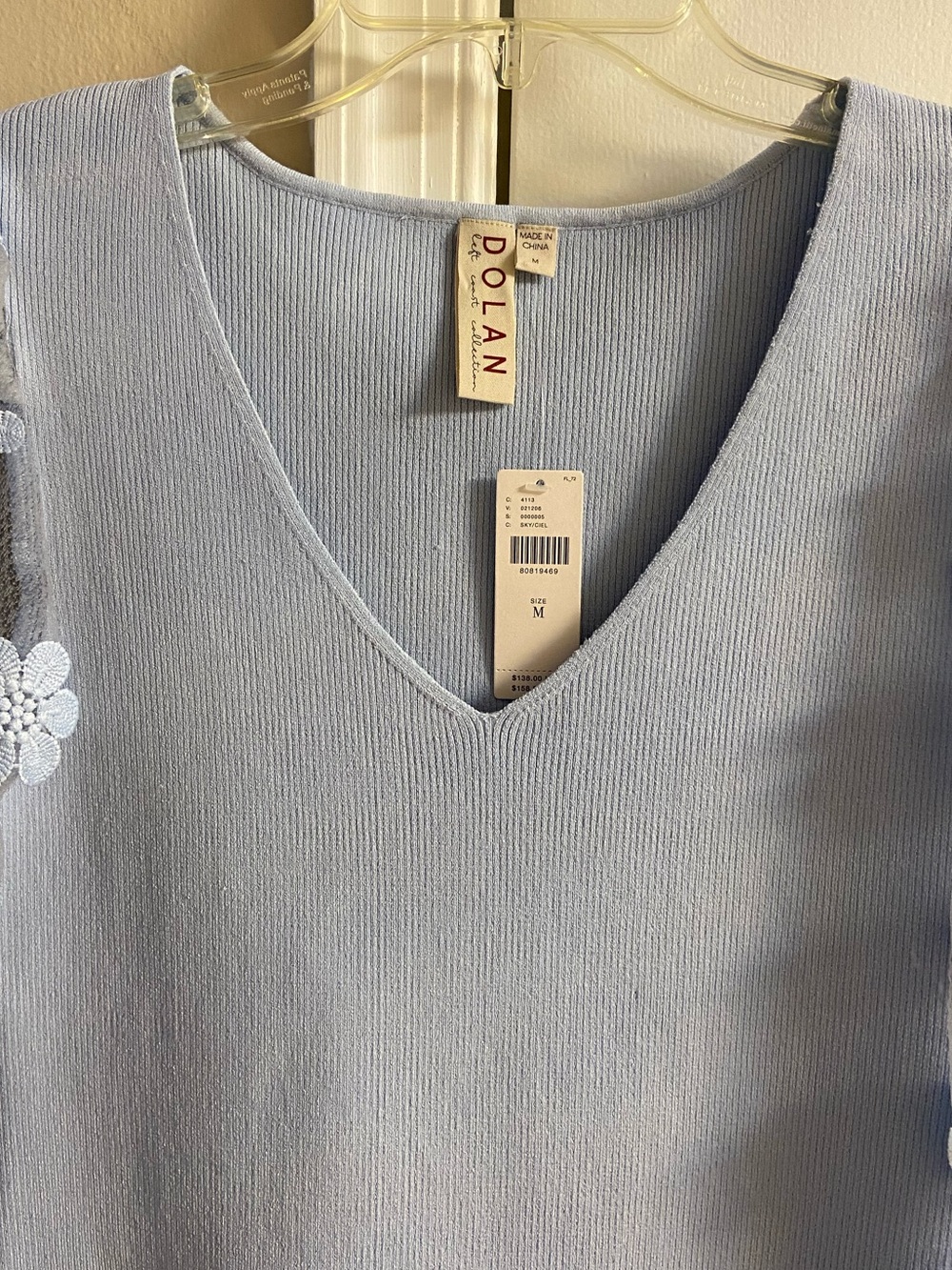 Anthropologie Dolan Sheer Sleeve Applique Sweater Light Blue Knit V-Neck Medium - Picture 7 of 12